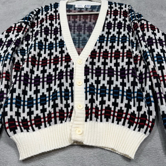 Robert Bruce VTG XL Geometric Knit Cardigan Sweater 80s Y2K Pattern Black White - Picture 3 of 15